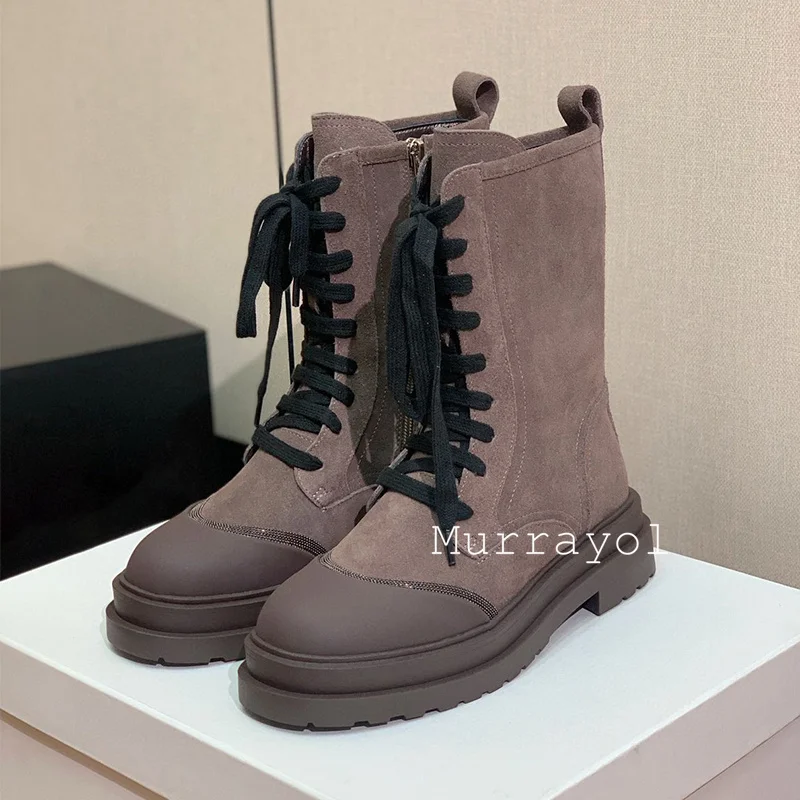 Solid Color String Bead Decor Short Boots Women Round Toe Cow Suede Lace-up Flat Ankle Botas Autumn Winter Motorcycle Boots