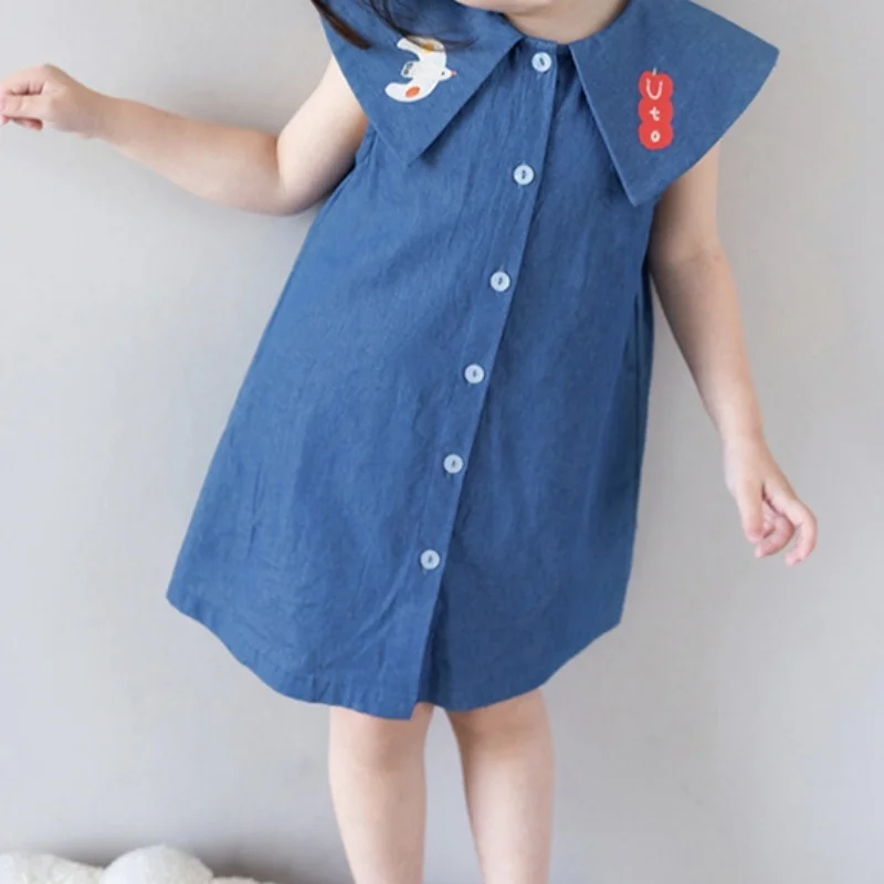 Girl's Sleeveless Princess Dress Korean Style Summer Sweet Puffy Skin-friendly Denim Dress Turn-down Collar Cartoon Embroidery