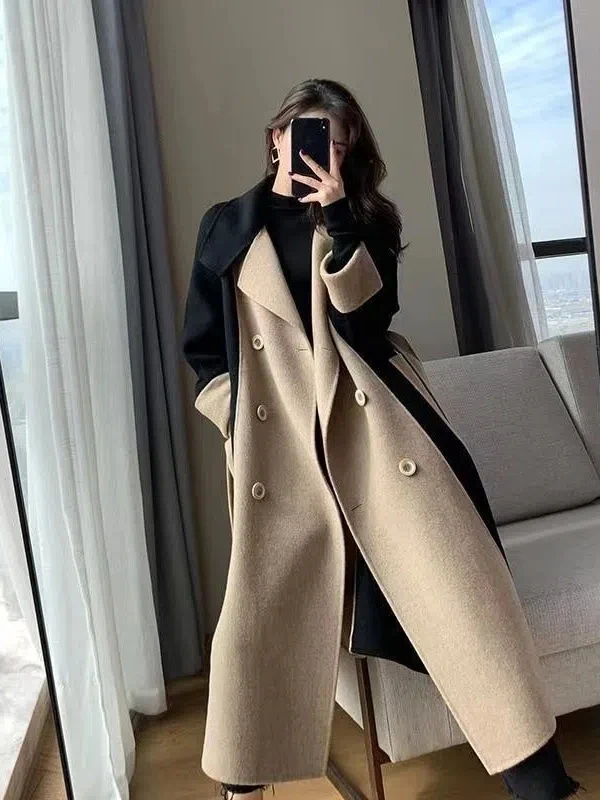 

2025 Autumn Winter New Style Women's Woolen Coat Trendy Versatile Mid-Length Windbreaker Slimming Double-Breasted Suit Collar
