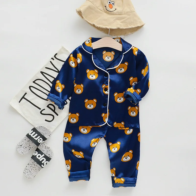 Children Silk Satin Pajamas Set Kids Cartoon soild Tops Trousers 2Pec Spring Autumn Baby Boys Girls Casual Home Sleepwear