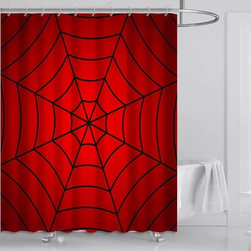 Red Black Spider Web Shower Curtain No Drilling Cool Personality Bathroom Curtain with 12 Hooks