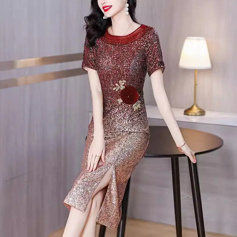 Sequin Dress Women Luxury Design 2024 Summer New High End Fashionable Temperament Retro Waist Slimming Party Evening Dress K884