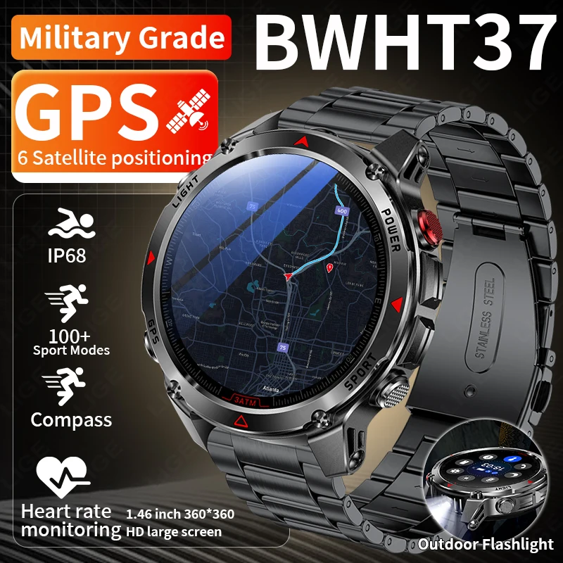 

LIGE New LED Outdoor Military GPS Smart Watch Men 1.46" AMOLED Compass Altimeter BT Call 3ATM Waterproof Clock Sports Smartwatch