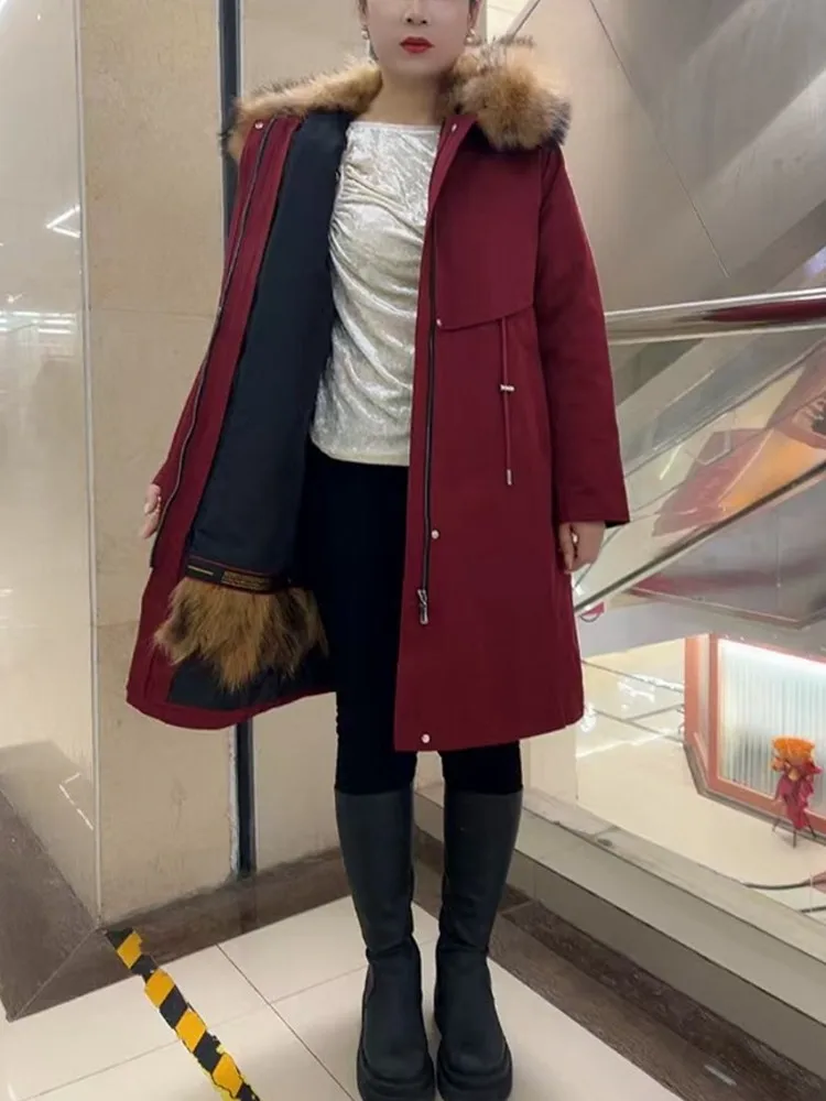 Señora cremallera forro interior desmontable piel de mapache Real abrigo largo cuello ajustado abrigo invierno grueso cálido abrigo largo señoras