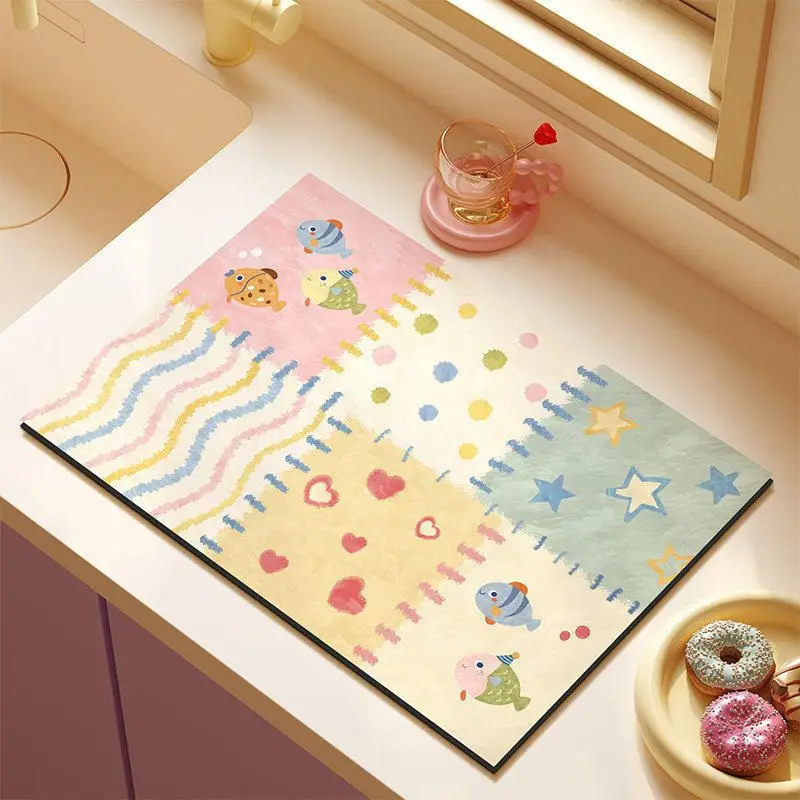 Cartoon Fish Color Blocked Kitchen Drain Mat, Anti Slip Coffee Machine Tableware, Kitchen Countertop Protection Mat