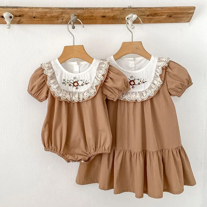 2026 New Summer Kids Princess Dress Infant Baby Romper Short Sleeved Cotton Embroidery 2-6Yrs Girl Party Dress Sister Clothing