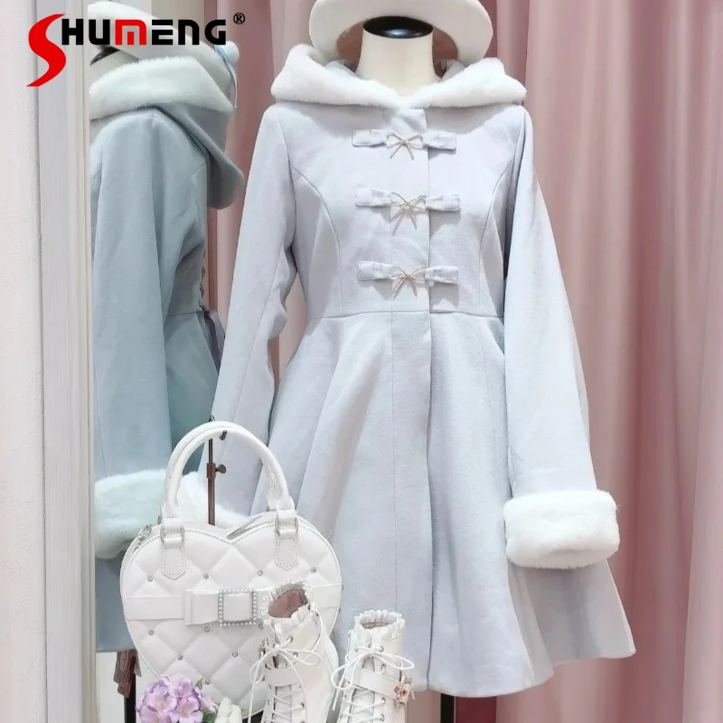 Japanese Lolita Sweet Fluffy Dress Hooded Warm Outerwear Jacket 4 Colors Single-Breasted Slim Fit Long-sleeves Jaquetas Female