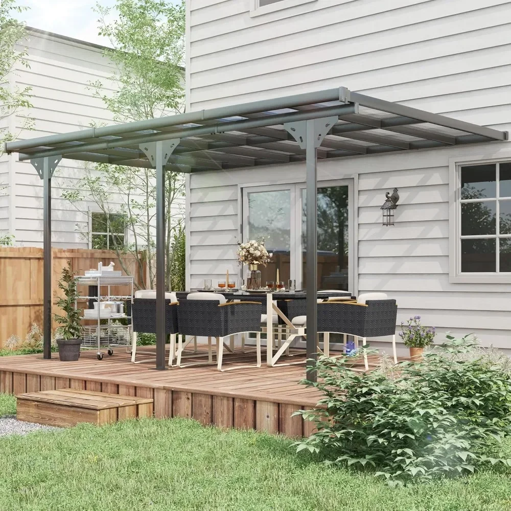 Pérgola de policarbonato para exteriores de 14,5' x 10', toldo transparente con bloqueo UV, cenador de cubierta dura con postes y altura ajustables