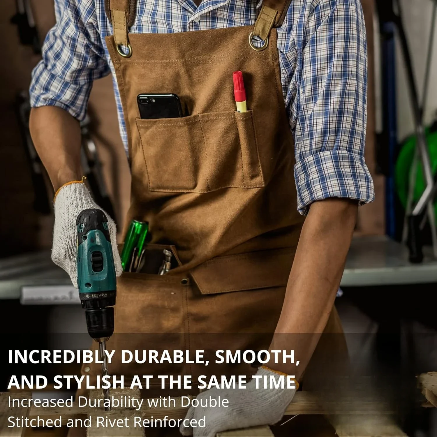 

Woodworking Shop Aprons for Men and Women | 16 oz Durable Waxed Canvas Work Apron with Pockets | Cross-Back Straps | Adjustable