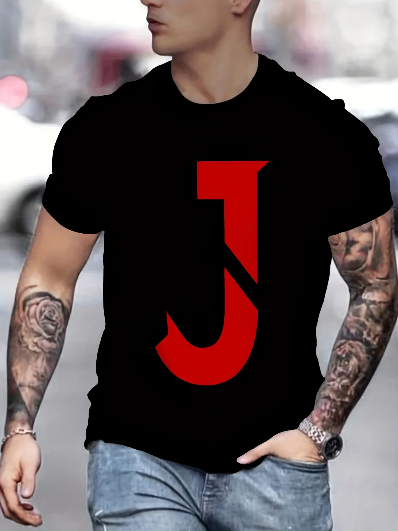 

Red "J" Design T-Shirt 100% Cotton O-Neck Short Sleeve Summer Casual Mens T-shirt Streetwear