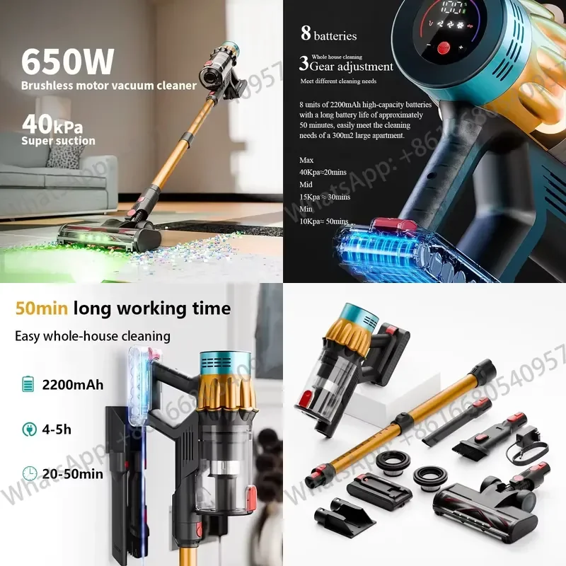 Aspirateur sans fil portatif 650W, aspiration 40KPa, brosse rotative anti-enroulement V15 V16, autoportant, avec fonction de charge et de rangement