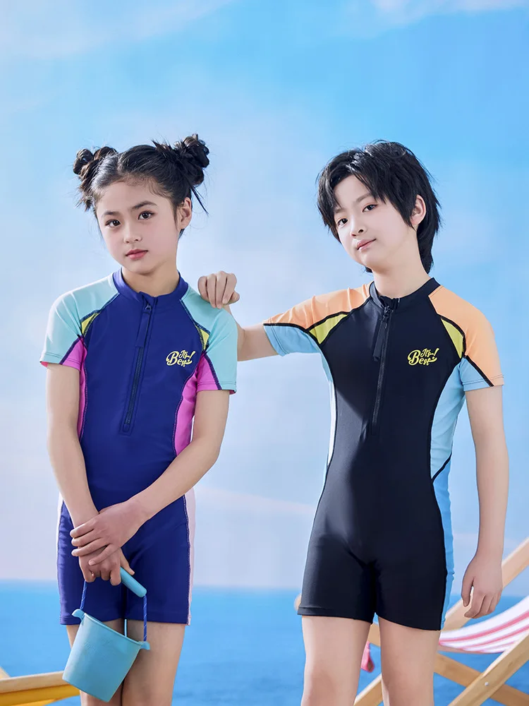 Kids One-piece Diving Skin,Boys Girls Toddlers 0.5mm Thin Shorty Wetsuit Rash Guard, Front Zipper Swimsuits for Snorkeling