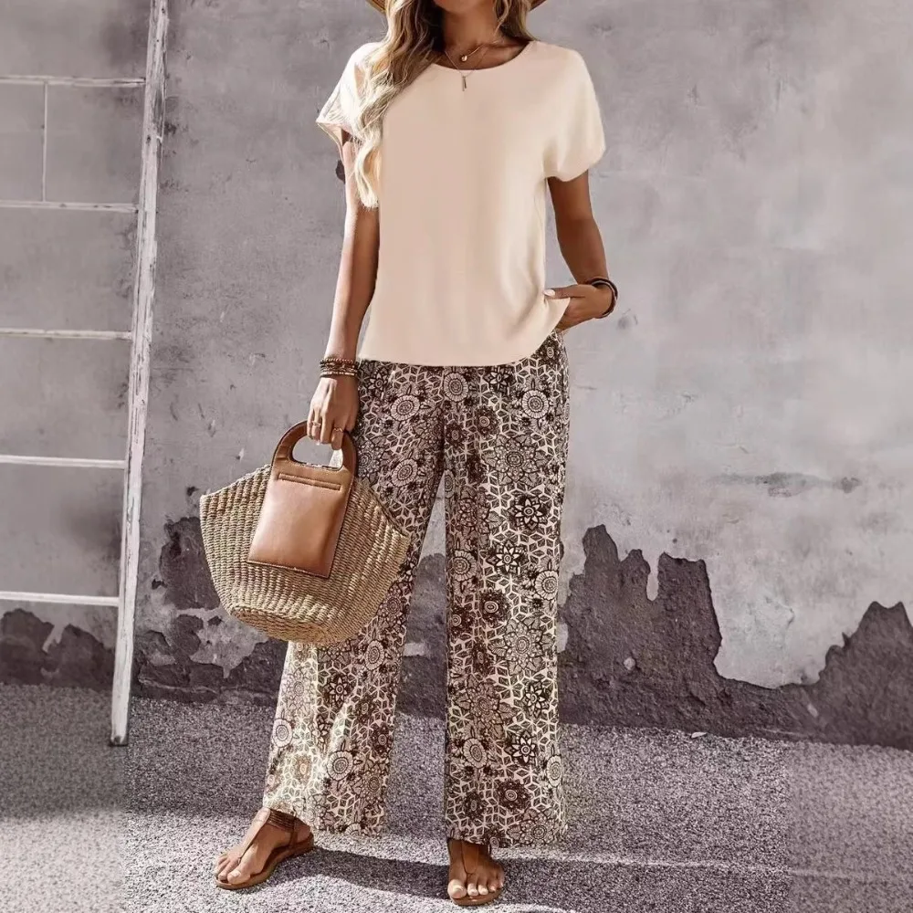Ladies' Elegant Long Pants with Wide Legs, Non Stretch Formal Casual Pants, All Season Casual Wear, Retro Full Printed Patterns