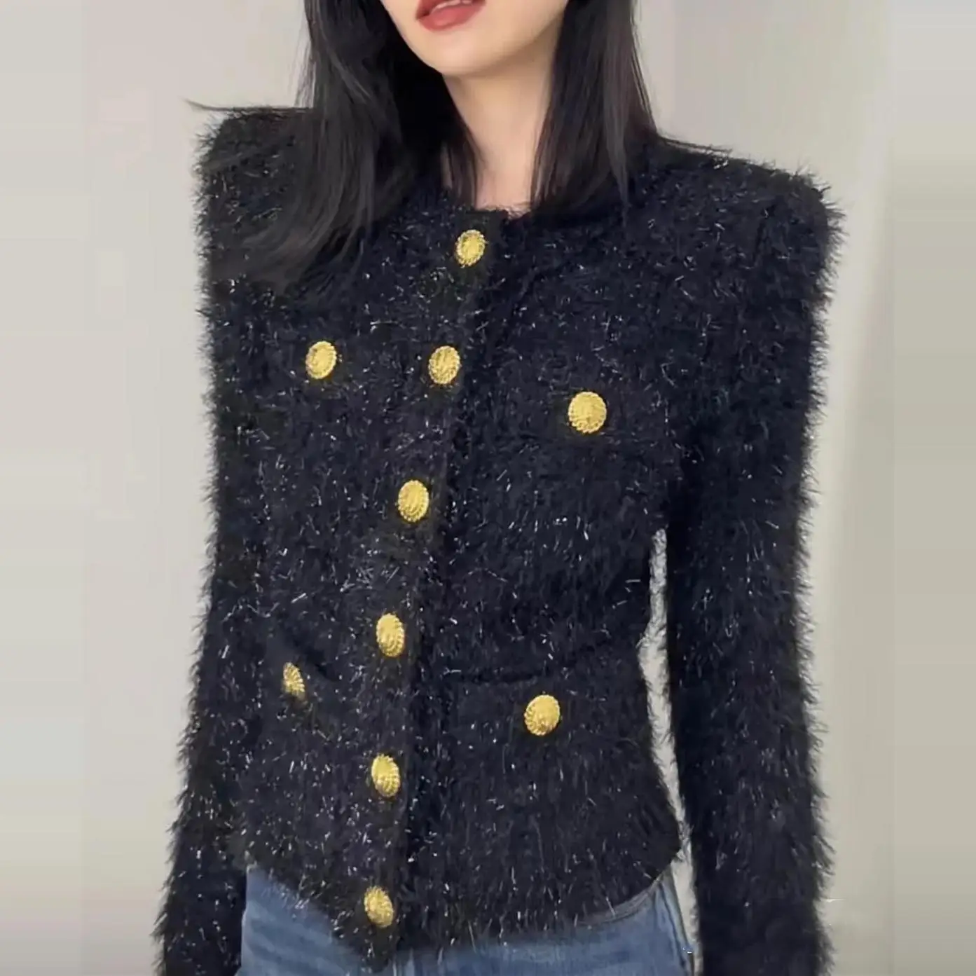 

Ele Bla Woolen Coat with Fine Glitter Gold Bule High-End Version Parisian Luxury Lady's Coat round Ne ort Outerwear