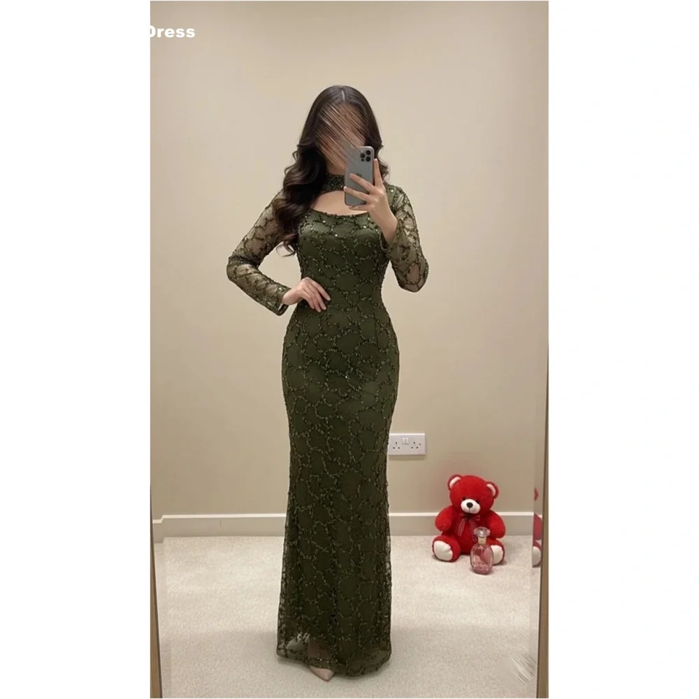 

Mina Customized Dark Green Elegant Party Dresses for Special Occasions Beads Sequins. Long Sleeves Round Neck Luxury Party Dress