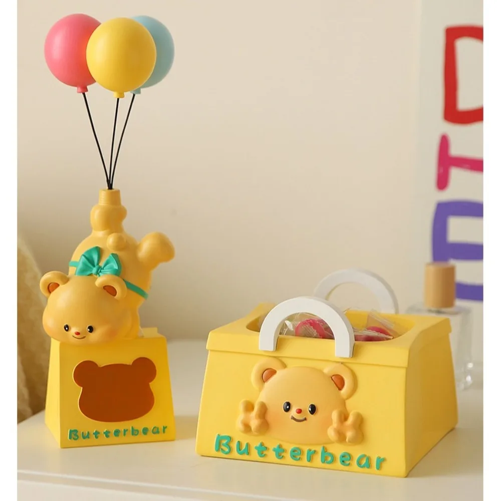 Resin Butter Bear Statue with Tray Tissue Box Cute Figurine Key Storage Ornaments Cartoon Sculpture Butter Bear Pen Holder