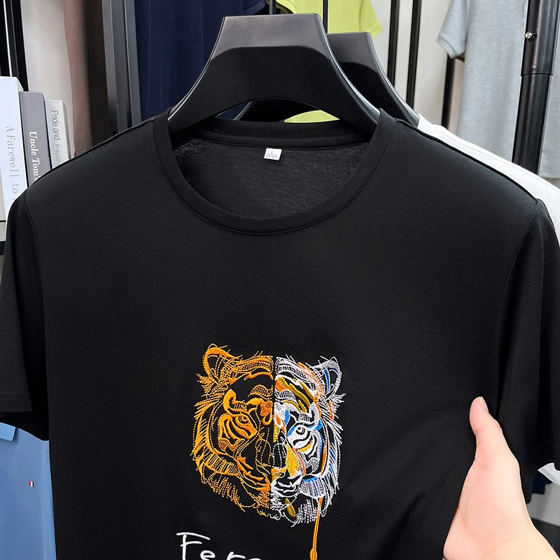 High end tiger head embroidered short sleeve T-shirt men personalized fashion breathable summer new luxury casual round neck top