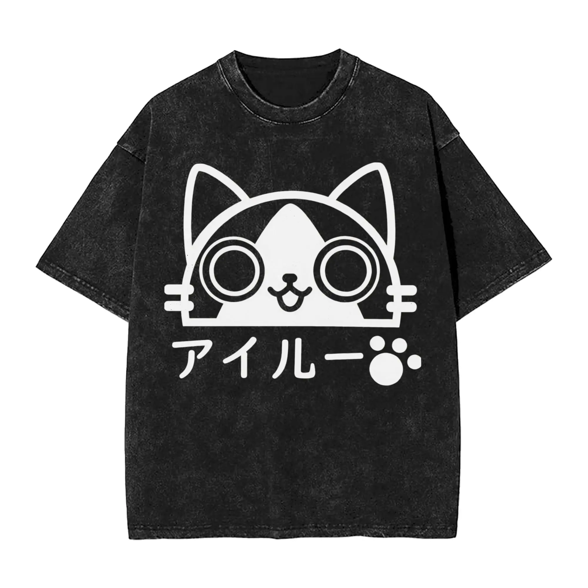 Camiseta Monster Hunter Palico con efecto lavado, estilo Y2K, informal, para parejas, de verano, con cuello redondo, moderna y fresca, personalizable DIY, de corte oversize