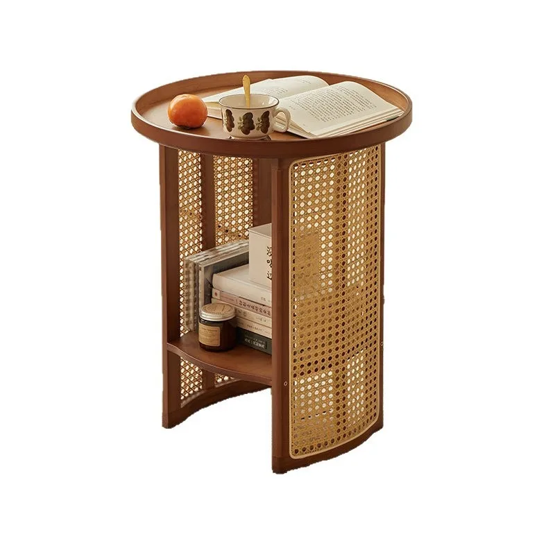 Rattan Side Table Small Round Bedside Table for Small Space Balcony Living Room Mini Coffee Tea Table 2-Tier Storage