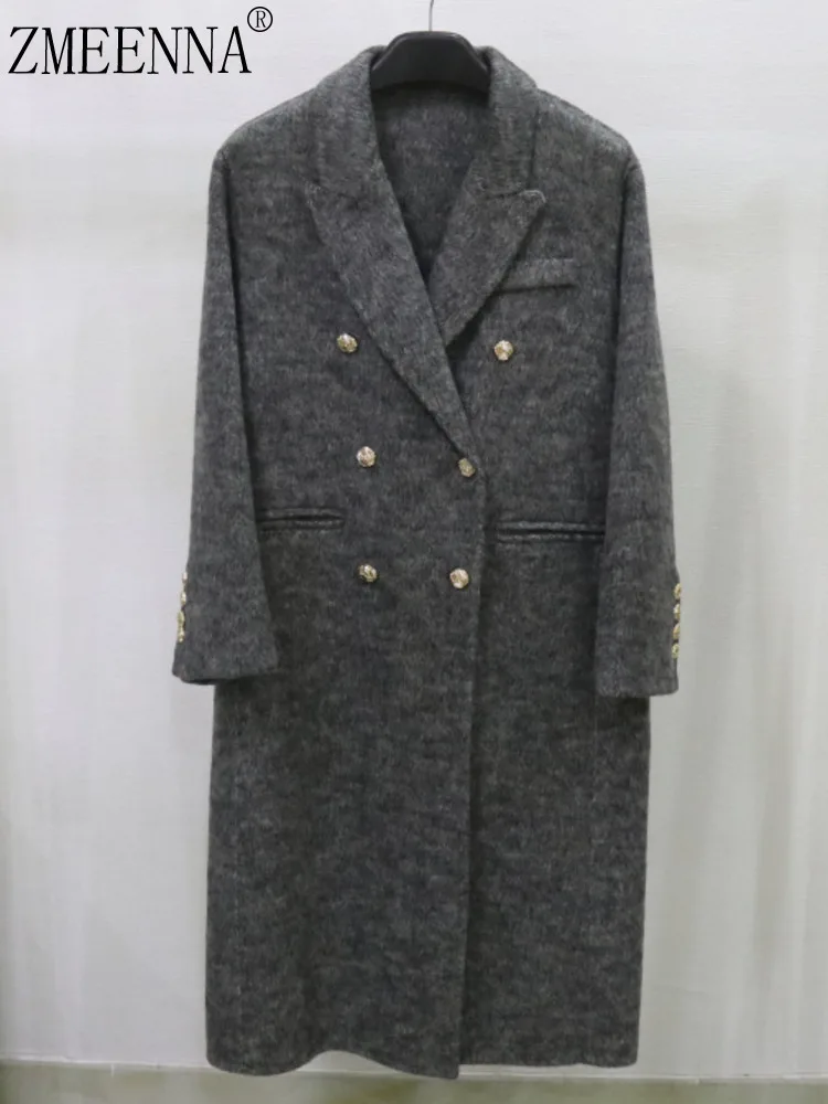 

ZMEENNA Elegant Women's Gray Wool Blend Double-Breasted Long Coat With Gold-Tone Button Warm Winter Outerwear ZM3865