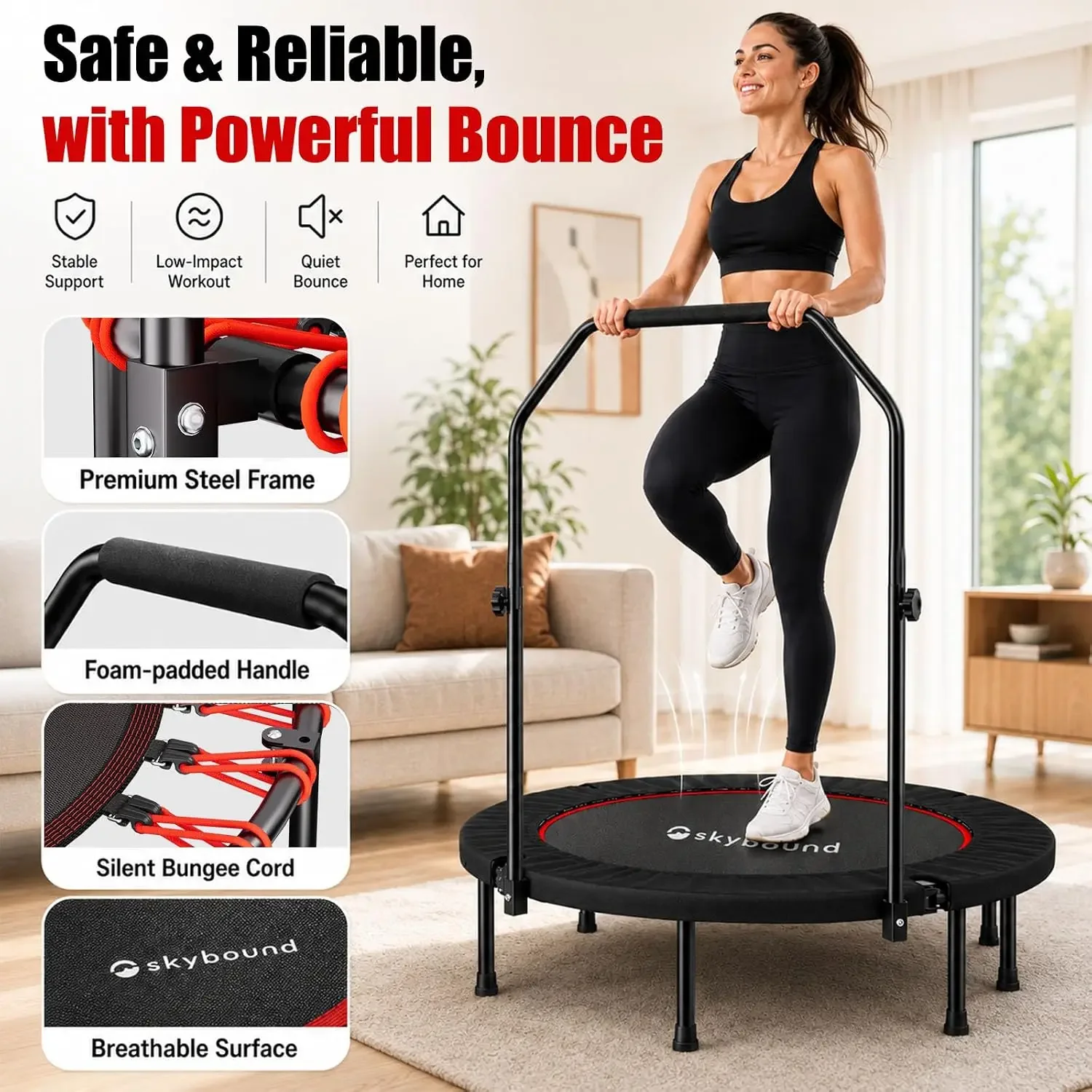 Rebounder Trampoline for Adults - Indoor Mini Trampoline with Bar, Fitness Rebounder with 3 Adjustable Foam Handles, Exercise
