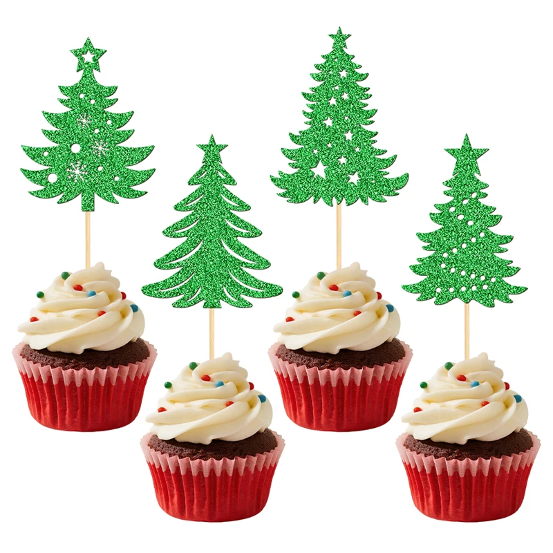 YOMDID 24 Stück Weihnachtsbaum-Cupcake-Topper, glitzernde Weihnachtsbaum-Kuchendekoration, Winter-Weihnachtsbaum, Schneeflocke, Cupcake-Picks – Detail 7
