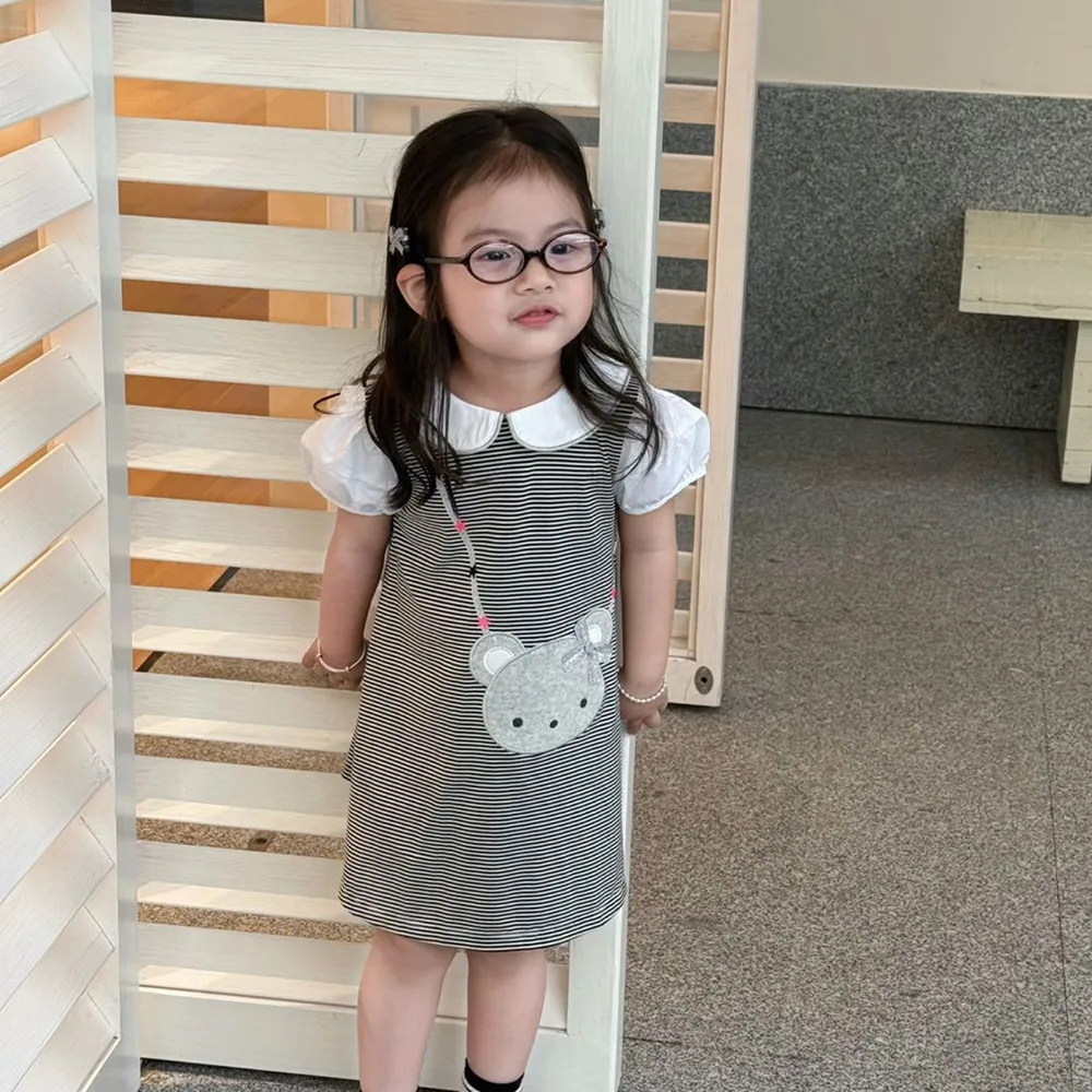 

summer dresses kids clothes girls Fake two-piece stitching dress Cartoon print student style sweet girls' dress