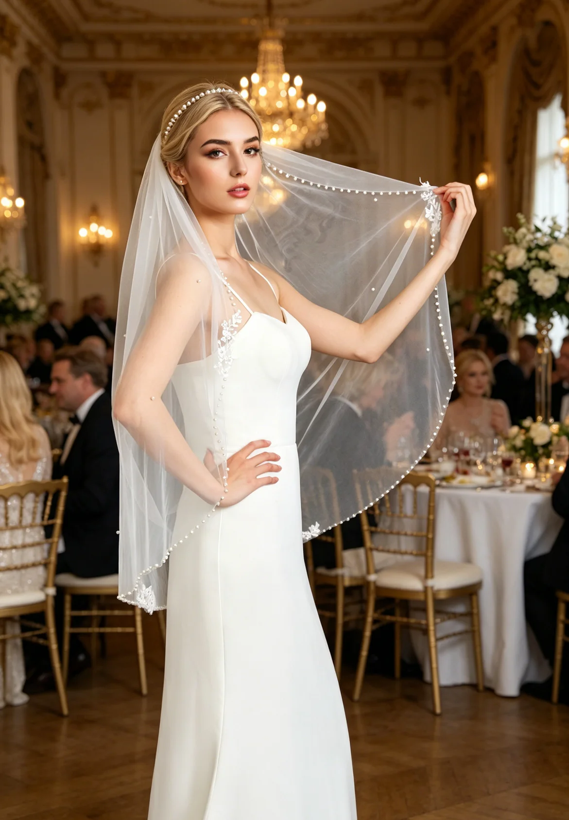 Modern Sophisticated Embroidered Lace Applique Wedding Veil with Beading Edge Luxury Accessory for Wedding Celebration G241