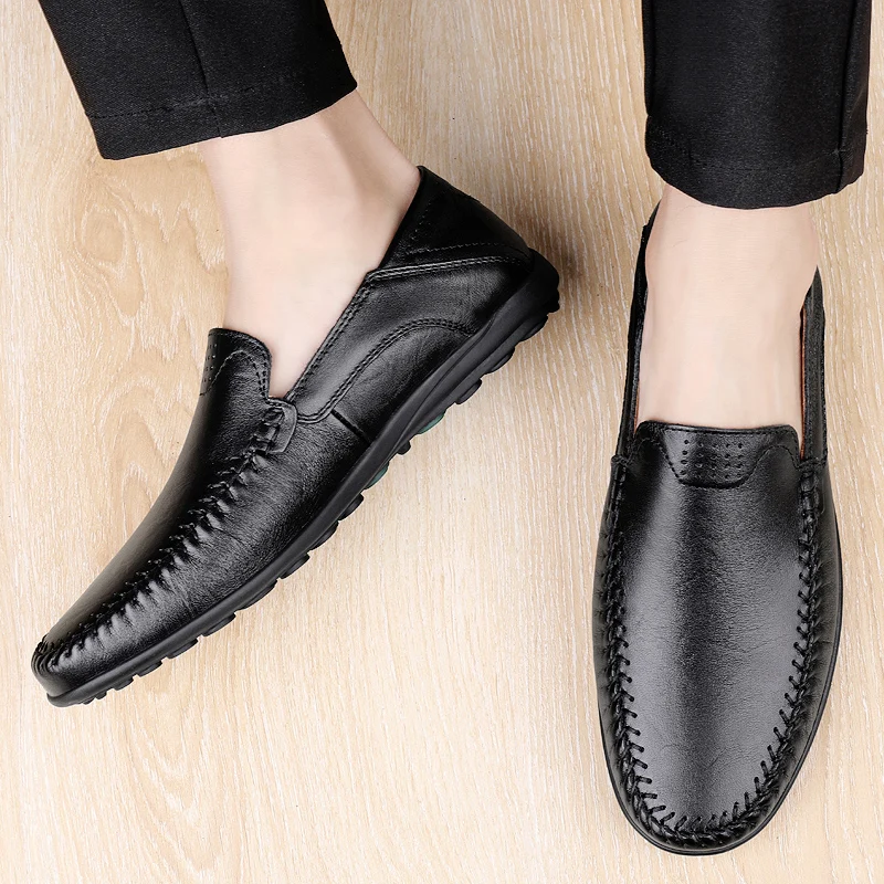 CLOHOO Men\'s Stitching None Slip Genuine Leather Shoes Handmade Loafer Business Wedding Plus Size Formal Casual Shoes for Men