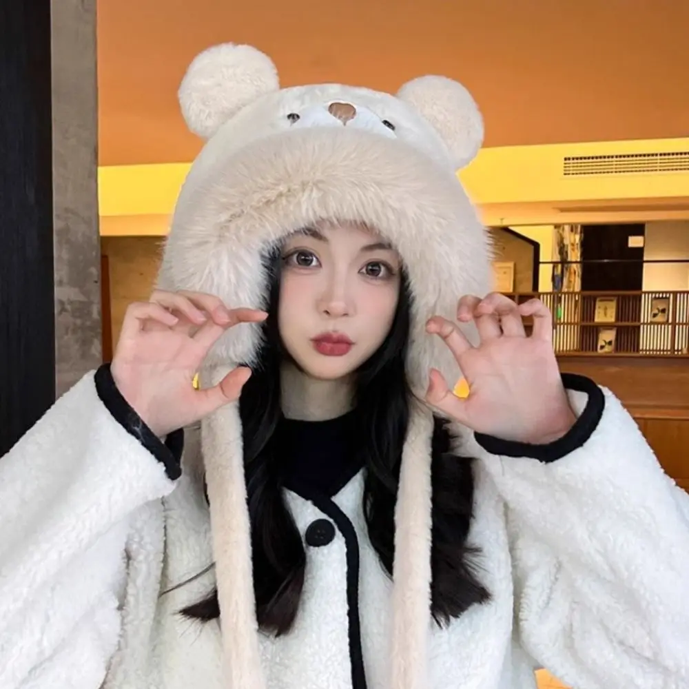 Fashion Cartoon Bear Ears Hat Ear Protection Windproof Winter Plush Hat Solid Color Thick Warm Earflap Bonnet Hat