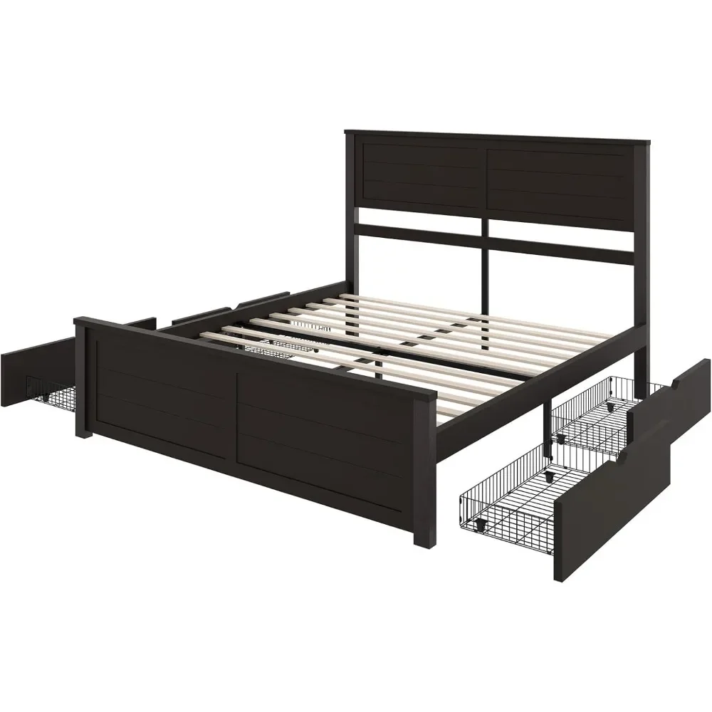 Estructura de cama tamaño queen con cabecera y 4 cajones de almacenamiento, estructura de cama de madera para dormitorio, soporte de listones de madera, estructura de cama