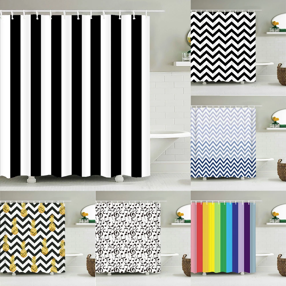 Black and White Striped Shower Curtain with Hooks Waterproof Polyester Fabric Geometric Pattern Home Decor Bathroom Curtain Baño