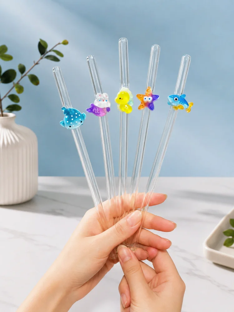 3/10PCS Ocean‑Theme Decor Reusable Bent Glass Straw, Kitchen Outdoor Party Wedding, Holiday Gift for Family Friends