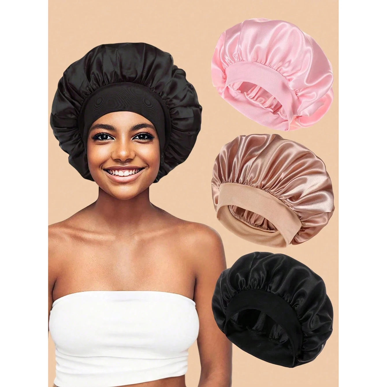 

Шелковая шапочка для сна, 1 шт., атласная шапочка для волос, мягкая шелковая шапочка для сна с эластичной лентой, шелковая повязка для кудрявых волос (черный и розовый)
