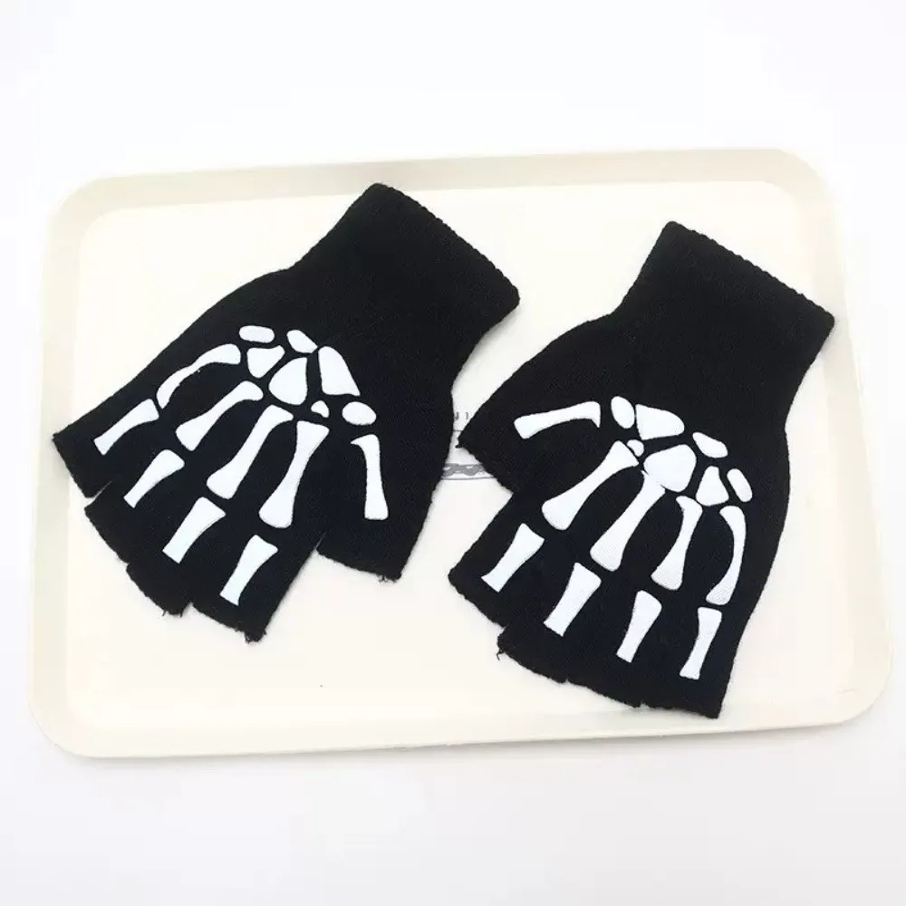 Black Punk Skeleton Gloves Knitted Ghost Claw Skull Half Finger Gloves Thicken Stretch Halloween Skeleton Gloves Moto Riding