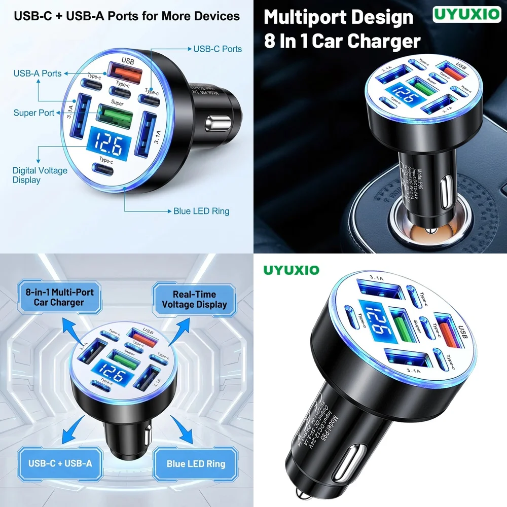 Professional USB C Multi Port Car Adapter for iPhone 17 Samsung S26 Ultra iPad with Digital Voltage Display for All Gear