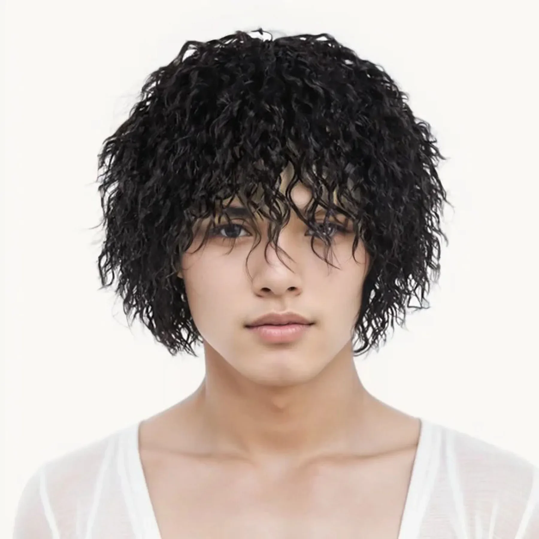 

Мужской парик Синтетический короткий вьющийся черный парик с челкой Термостойкое волокно Повседневный костюм Косплей Парики для замены волос для мужчин