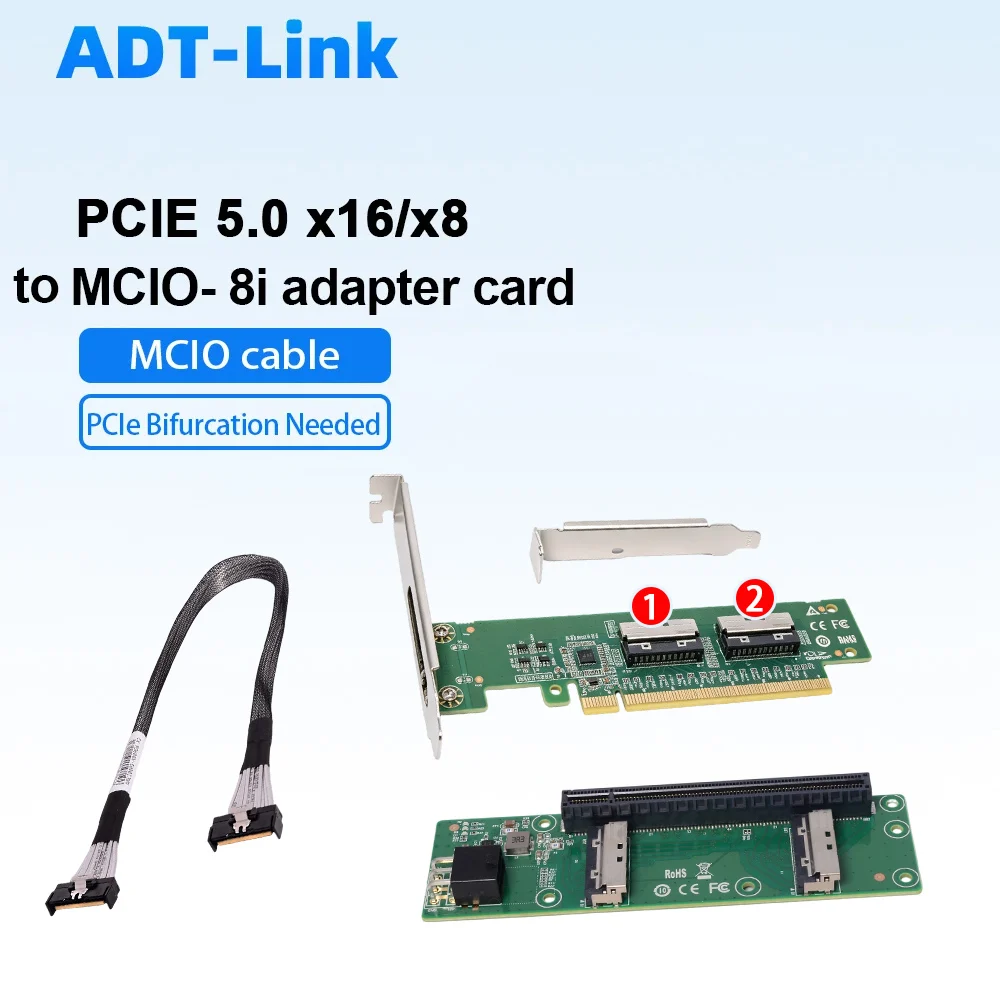 

Карта-адаптер ADT-Link PCIe 5.0 X16 на 2 порта MCIO 8i / Расширение MCIO 5.0 X8 с бифуркацией / Высокоскоростной кабель 32 Гбит/с