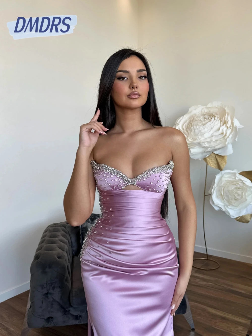 

Purple Satin Women Prom Dress Customized Crystals Mermaid Pleated Evening Gown Popular Modern V Neck Cocktail Party Wear