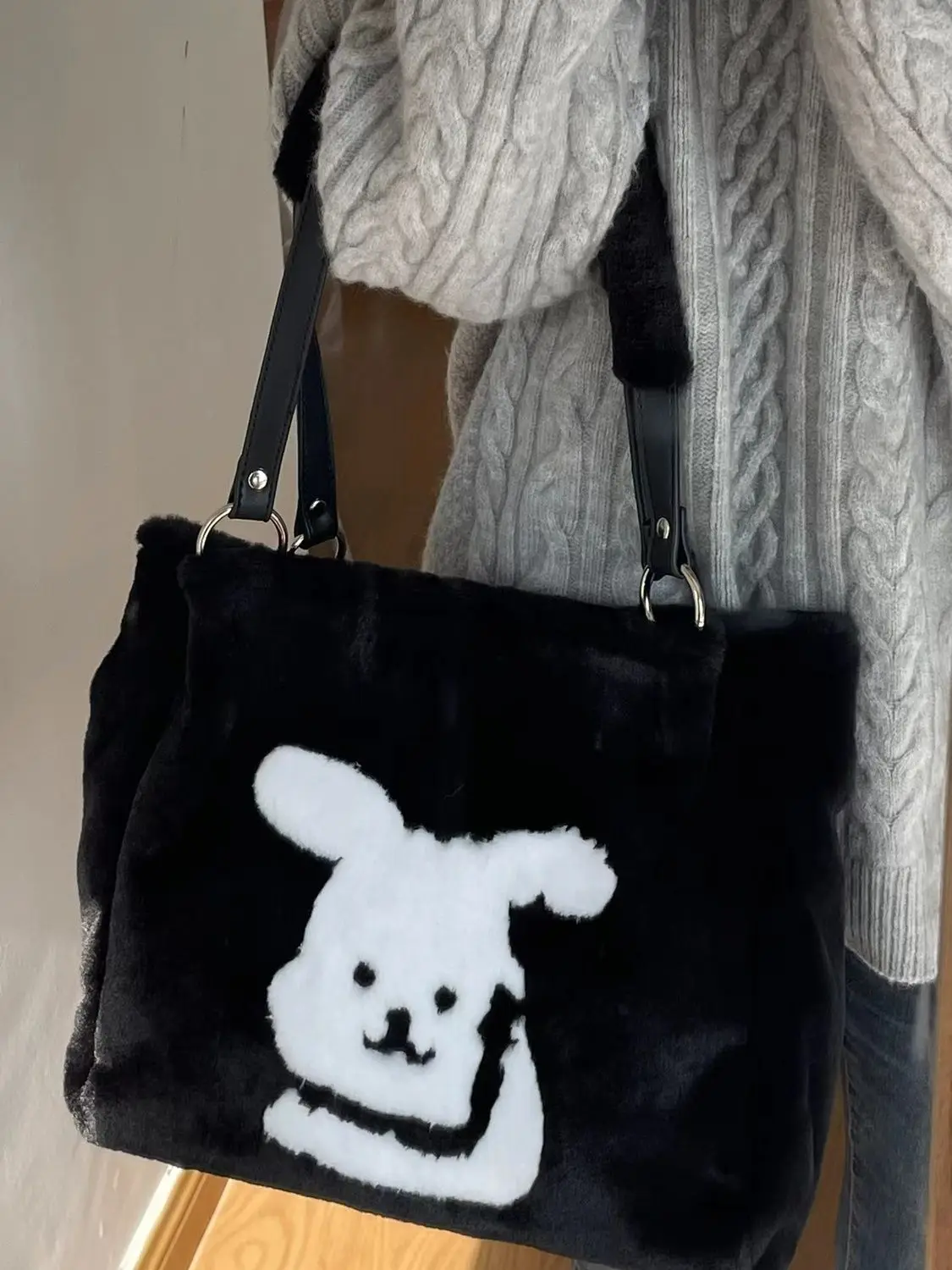 JIAERDI Harajuku Cute Tote Bag Women New Autumn Plush Animal Pattern Casual Shoudler Bag Female Vintage Black Underarm Bag Y2k