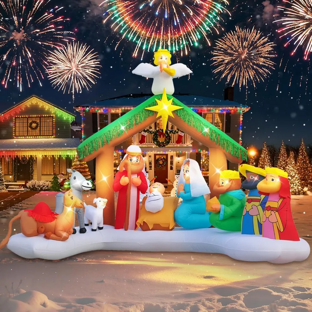 

12FT Giant Christmas Inflatables Nativity Scene Outdoor Decorations, Xmas Blow Up Jesus Inflatable with LED Lights & Mange