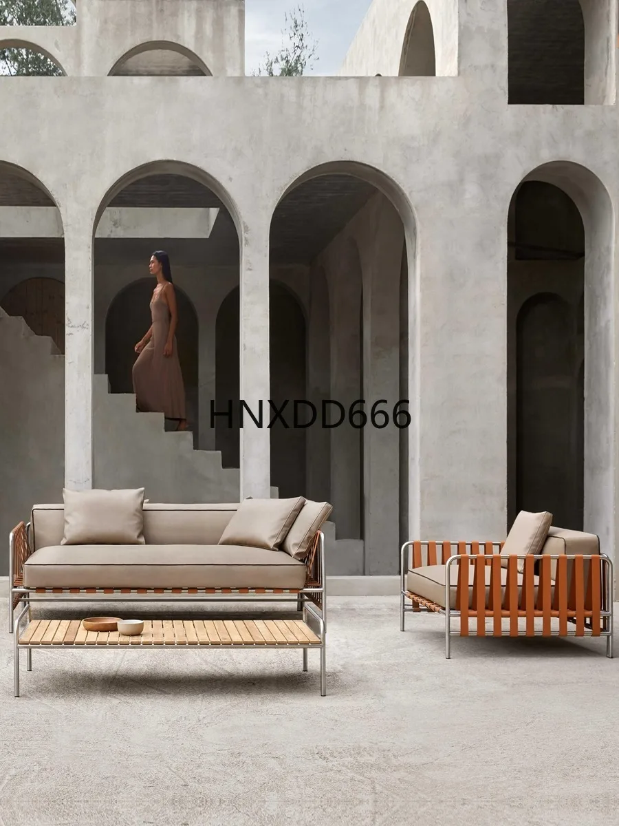 أريكة خارجية من الفولاذ المقاوم للصدأ، فناء من الخيزران، مجموعة طاولة قهوة للمطر والشمس #4