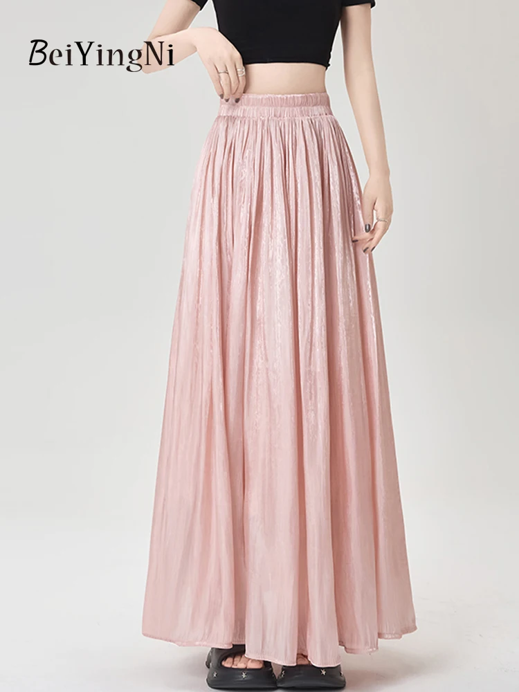Beiyingni Vrouwen Maxi Geplooide Rokken Casual Eenvoudige Elastische Taille Wit Roze Lange A-lijn Rok Dames Elegante Luxe Franse Jupes