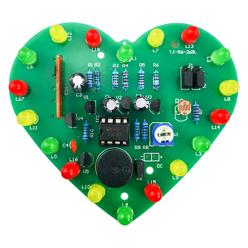 DIY Light-Controlled Music Heart-Shaped Color LED Electronic Kit 18 LED Cyclic Flashing PCB Soldering Practice Kit DC4.5-5V