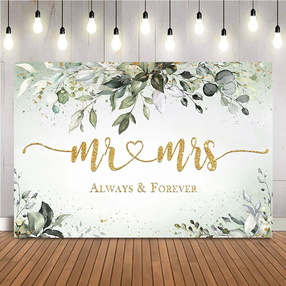 Mr and Mrs Wedding Backdrop Green Grass Always and Flowers Bridal Shower Photo Booth Background Photocall Banner Decorations