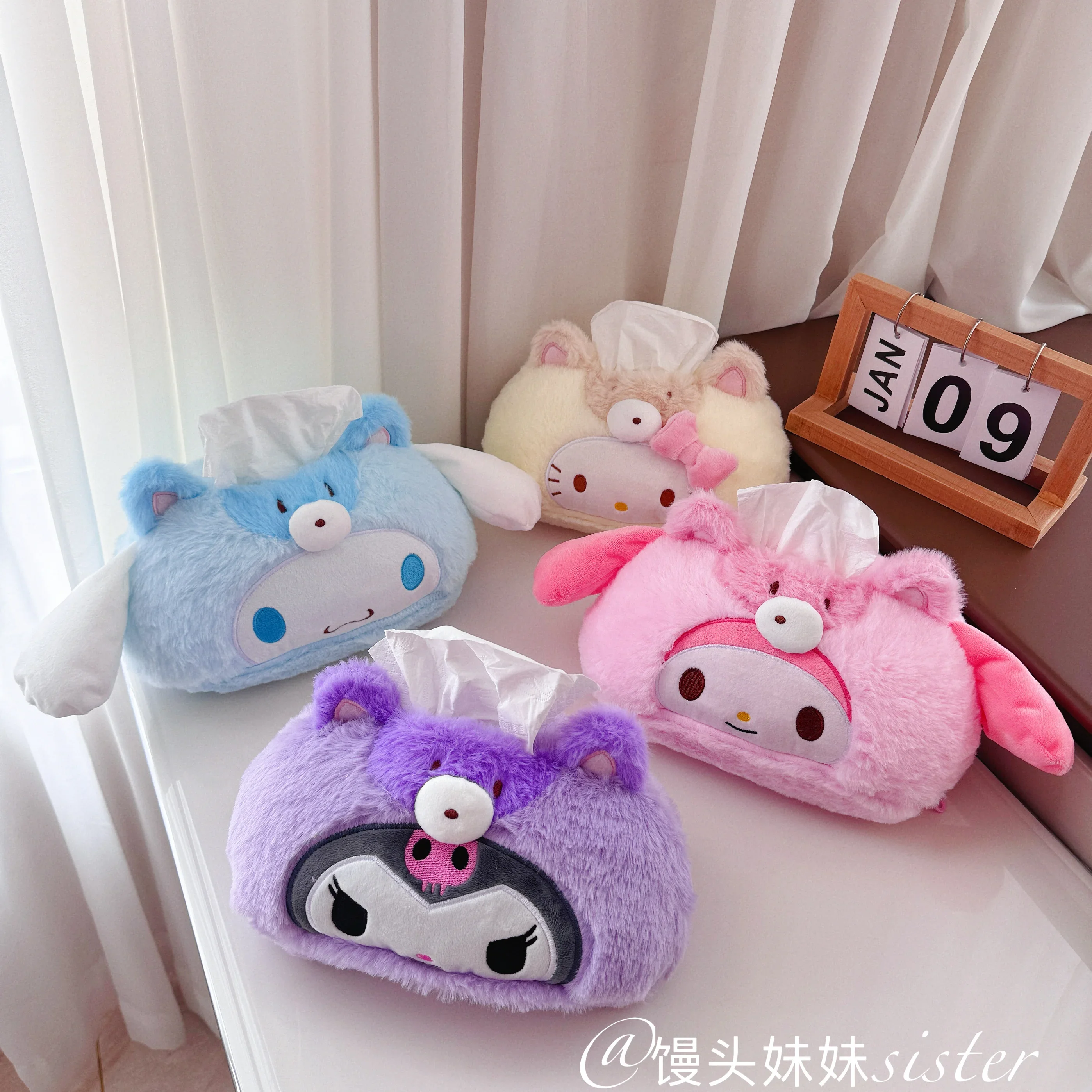 Sanrio caixa de tecido de pelúcia cinnamoroll minha melodia casa criativa capa de tecido de pelúcia kawaii kuromi olá kitty gaveta de papel presente da menina