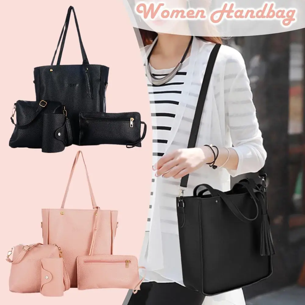 Bolsa de couro PU de grande capacidade para mulheres, bolsa de ombro de moda bolsa crossbody carteira 4 peças por conjunto