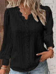 Stitching V-neck Long Sleeve Women's Pullover Chiffon Shirt Lace Stitching Shirt Loose Fall Top Simple Elegant Street Blouse
