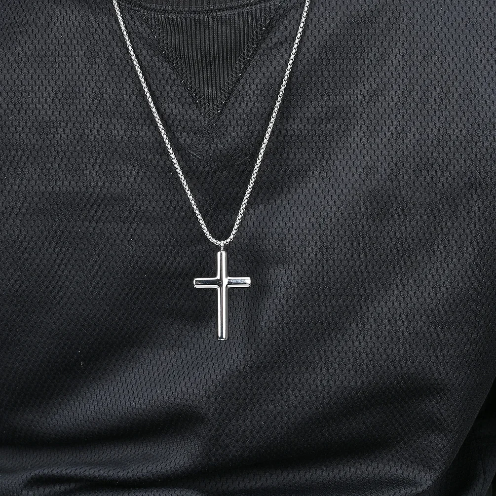 JHSL Men Cross Pendants Statement Necklace Fashion Christian Jewelry Chain Stainless Steel Black Gold Silver Color Smooth Finish