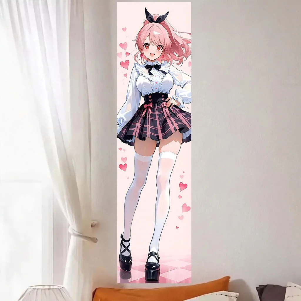 Kawaii Pink Hair Anime Girl Tapestry Sweet Plaid Skirt Heart Manga Portrait Wall Hanging Aesthetic Dorm Bedroom Background Decor